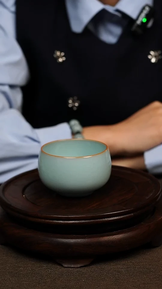 瓷片天青色全手描金禅定杯150ml微瑕不带礼盒