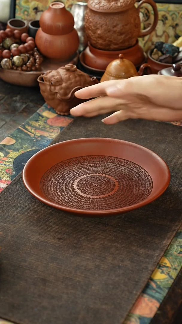 朱泥刻绘藏文心经紫砂茶盘壶承20CM
