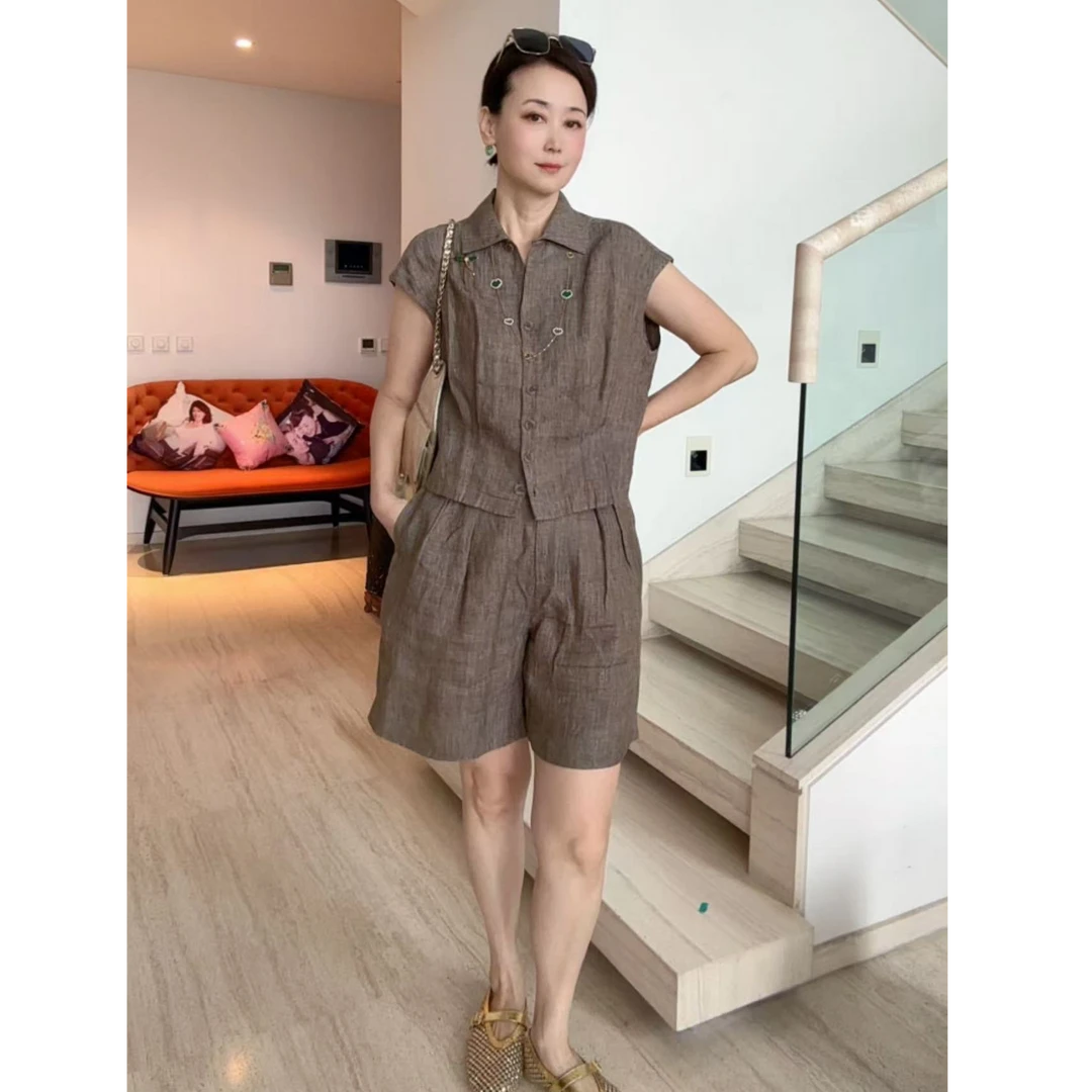 【维姐精选】YMX 意大利色织软亚麻立体打褶高腰阔腿短裤