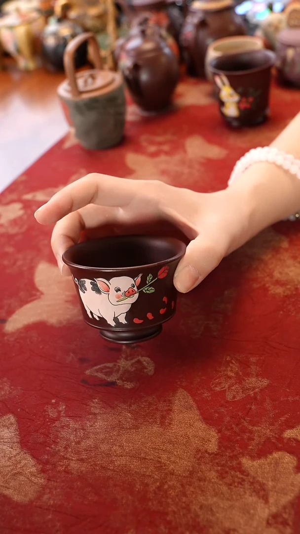 茶壶紫砂紫朱泥送福猪杯子