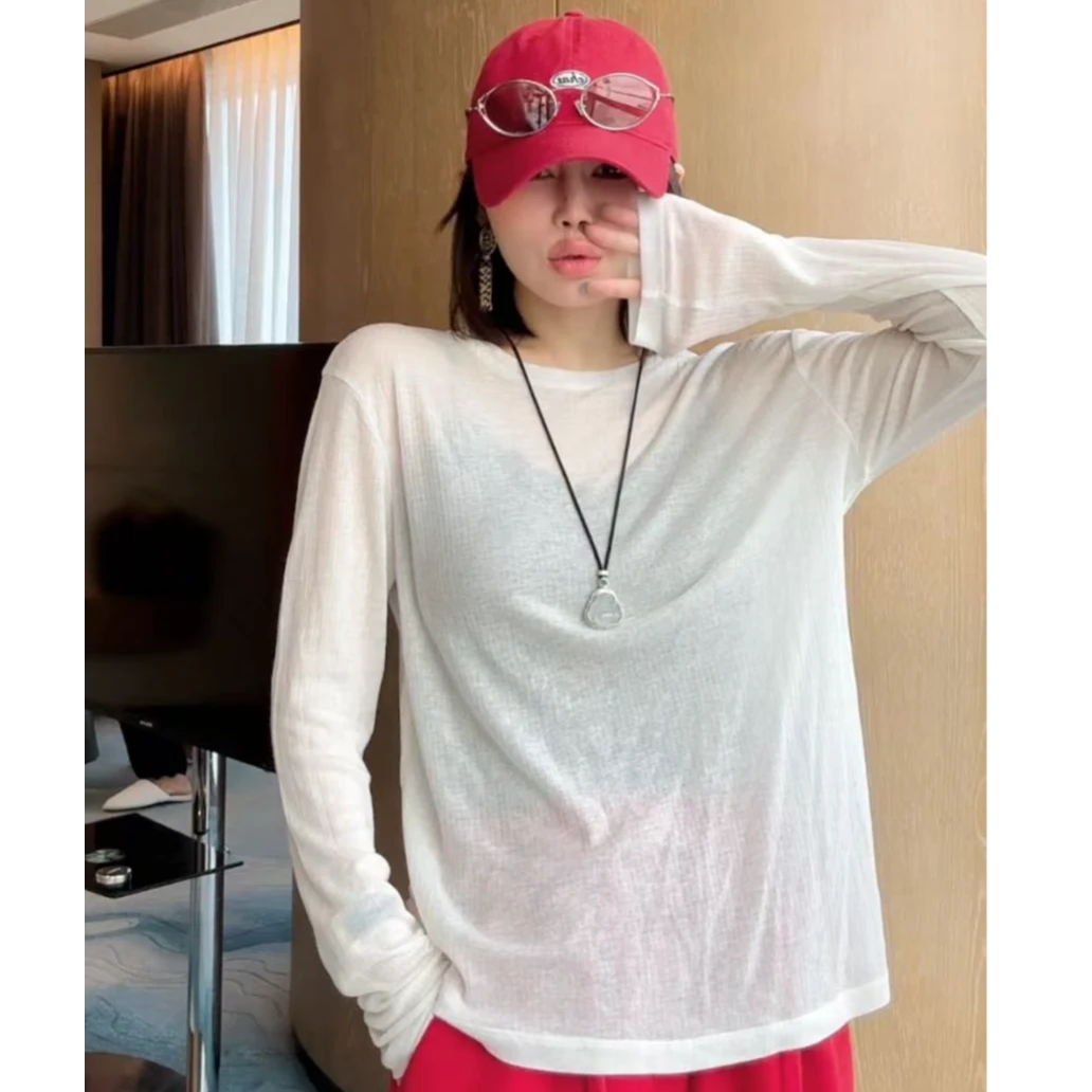 何碧碧HB【欧尼】0737 亲肤棉感轻熟防晒休闲宽松圆领长袖T