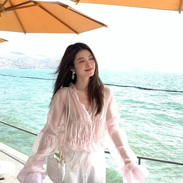 【花间絮语】RARE ZZ春日千金感轻奢显瘦高腰手绘花朵长袖衬衫