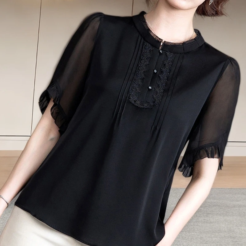 高端雪纺上衣女短袖2025年夏季新款遮肚子雪纺衫薄款时尚刺绣小衫