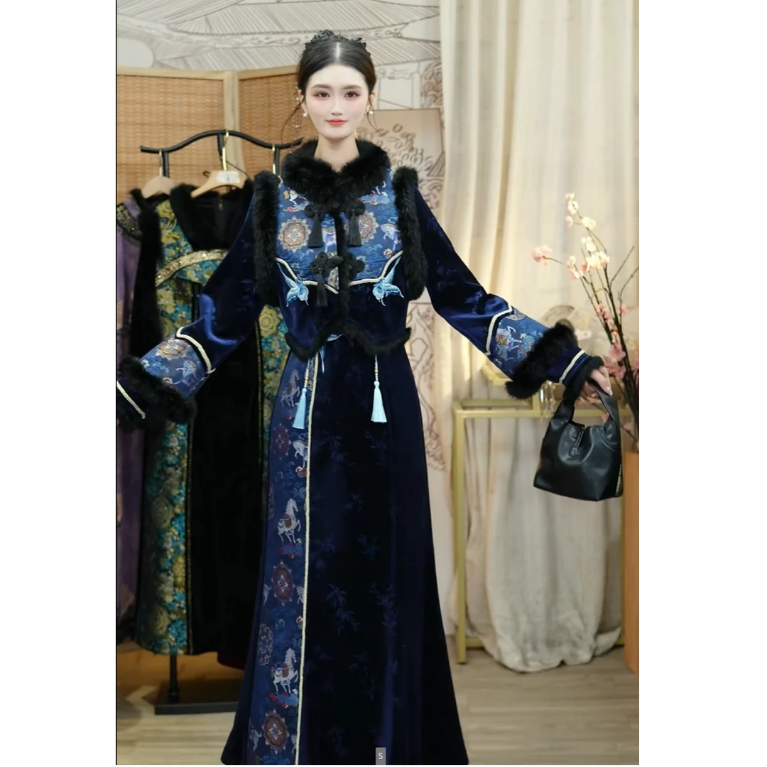 【羽唐名·青绒鹤纹】冬季新款国风加绒藏蓝新中式套装（5618+5628）