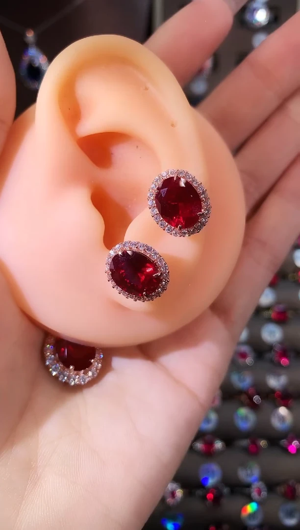 银S925镶嵌耳饰红宝石810酒红玫瑰金