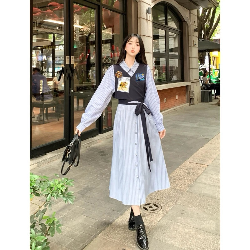 大码蓝色假两件条纹连衣裙秋季新款法式温柔风收腰显瘦长袖衬衫裙