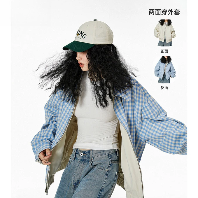 ICHMODE春季美式双面穿外套夹克女短款2025户外休闲情侣宽松保暖