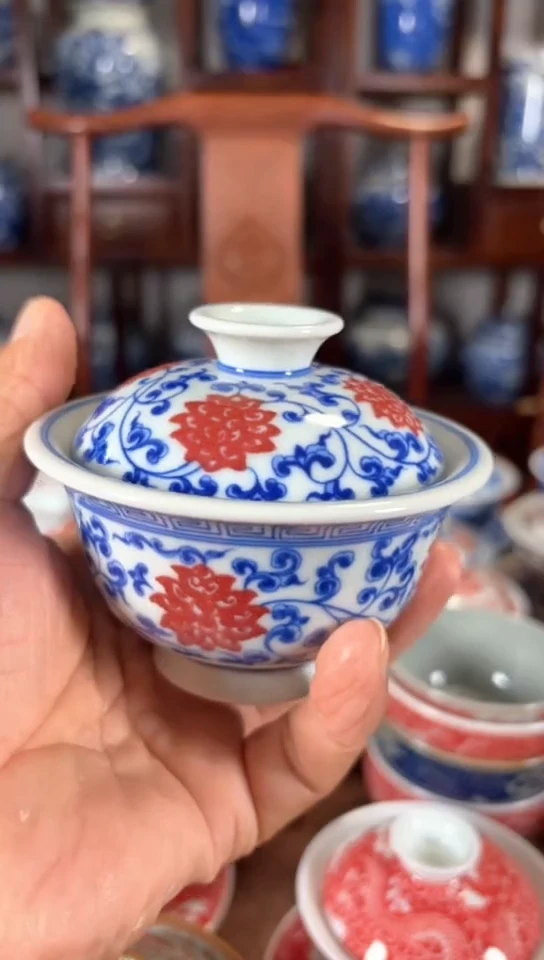柴窑青花釉里红缠枝莲两才盖碗