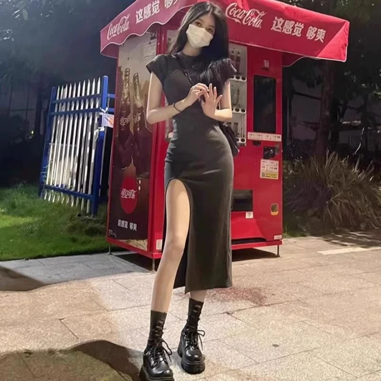 夏季新款辣妹性感收腰开叉显瘦连衣裙女夏高级感气质长裙子