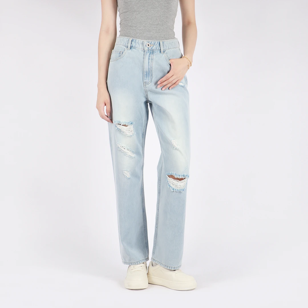 2025年女士初秋高腰休闲时尚破洞水洗毛边宽松直筒牛仔长裤MA185