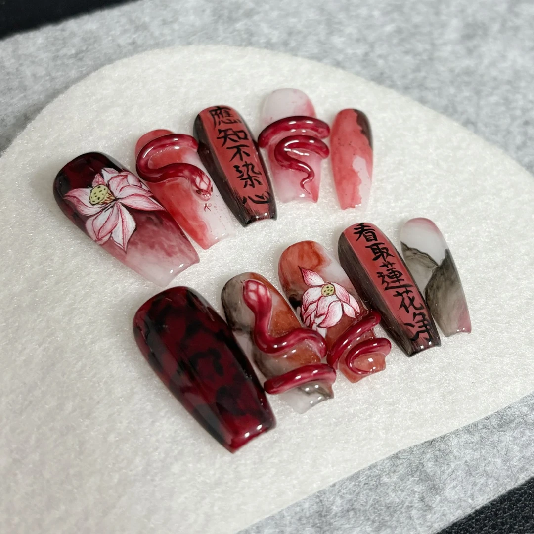 【依诺家】灵蛇贺岁【 纯手工定制穿戴甲】水彩手绘国风