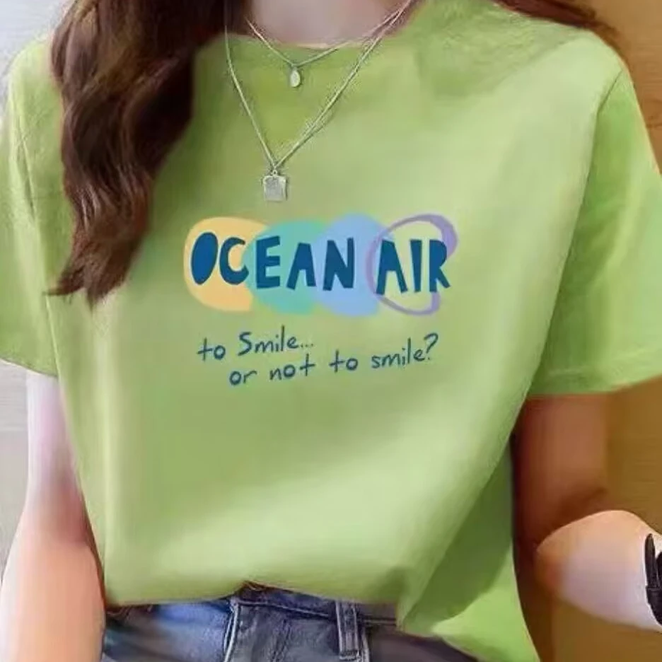 纯棉常规印花短袖宽松女T恤潮流圆领t恤简约夏季时尚百搭半袖