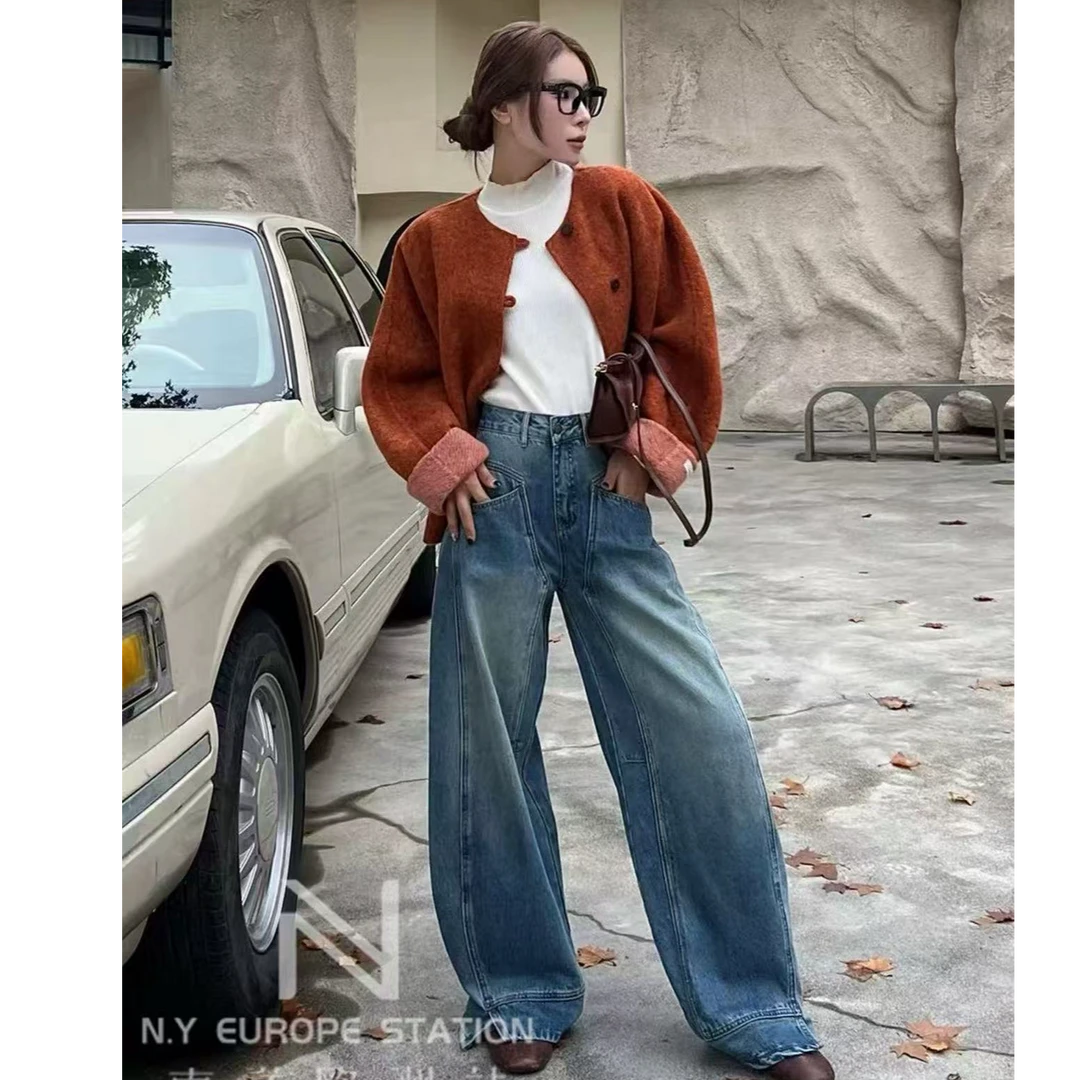 【欢喜SS】秋冬立体剪裁分叉时尚百搭水洗宽松阔腿复古蓝色牛仔裤