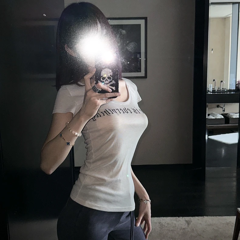 黑有染 心动循环 圆领字母T恤显瘦小蛮腰修身收腰印花短袖上衣