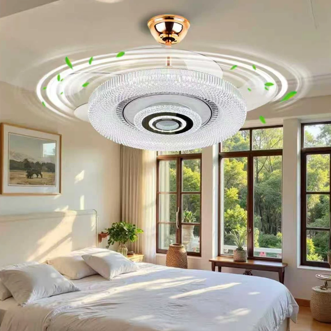 7163 水晶蓝牙音响款遥控智能语音隐形风扇灯吊扇灯家用餐厅卧室
