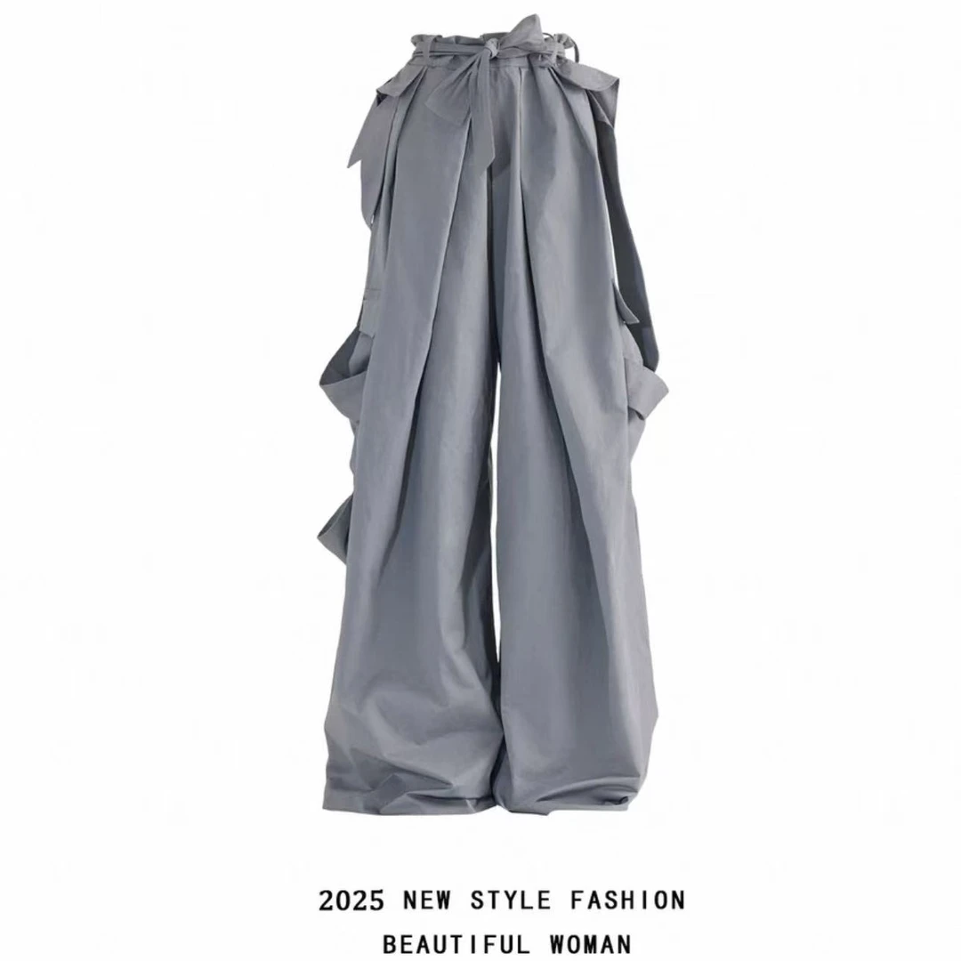 【现货】系带蝴蝶结裤子款设计感垂感高腰显瘦直筒裤气质百搭阔腿裤