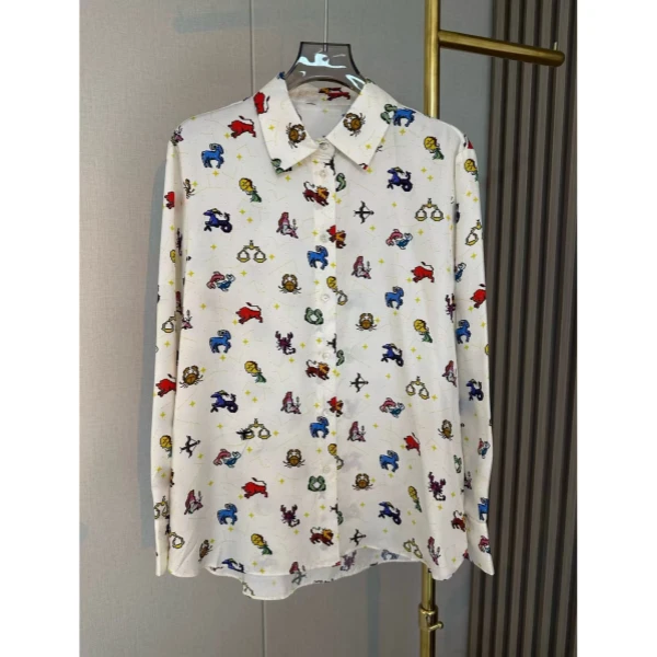 BT白色卡通印花真-丝翻领长袖衬衣