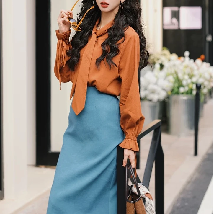 【枫林晚照】蝴蝶结衬衫女春季2025新款设计感气质通勤衬衣-8099