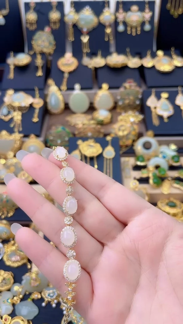 颈饰银S925镀金镶嵌和田玉白玉单面手链