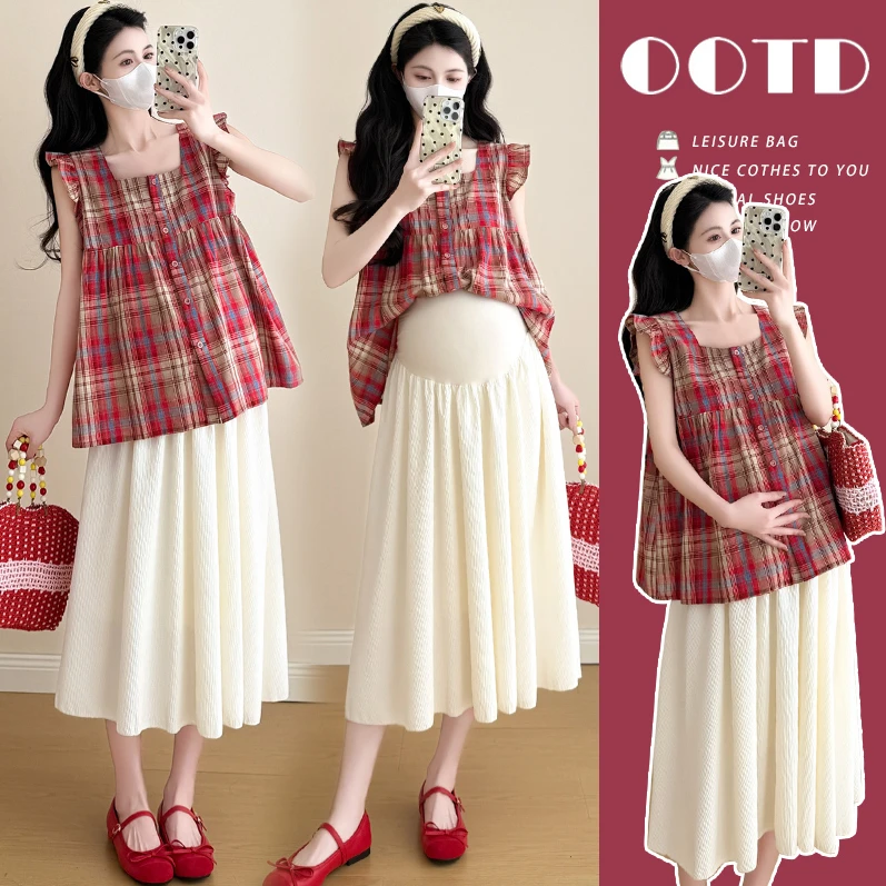时髦孕妇装夏新款红格子无袖娃娃衫上衣时尚托腹波浪大摆裙两件套