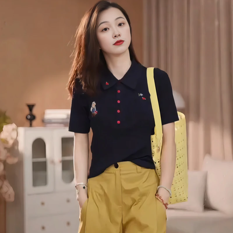 俏皮减龄刺绣短袖T恤女2025夏季大码胖MM百搭显瘦女士polo领上衣