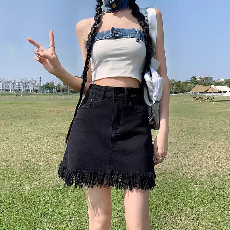 牛仔半身裙女新款毛边流苏包臀a字短裙8537# 裙长43 短裤内衬