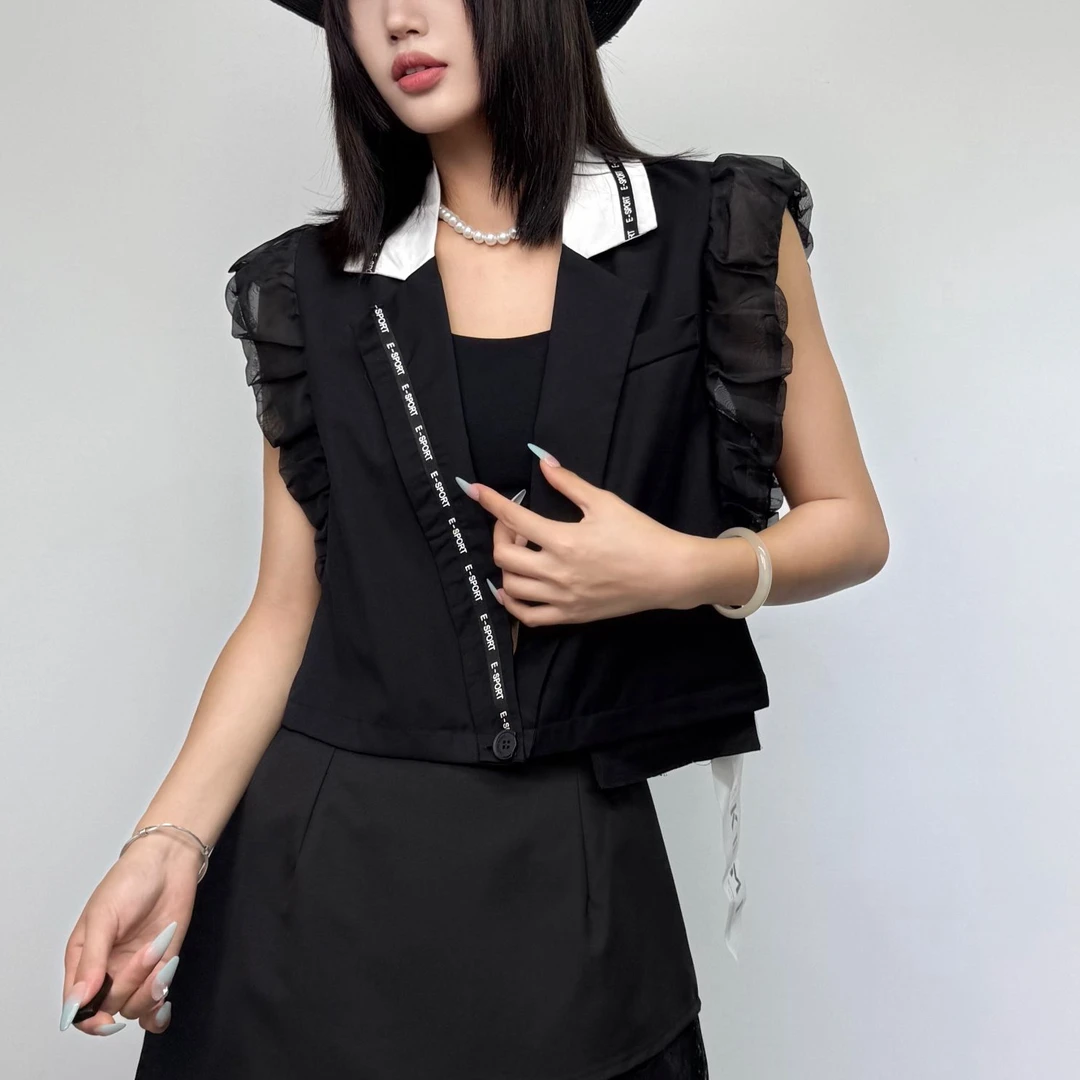 8029#夏季新款拼接木耳边翻领设计感坎肩飞飞袖字母马甲