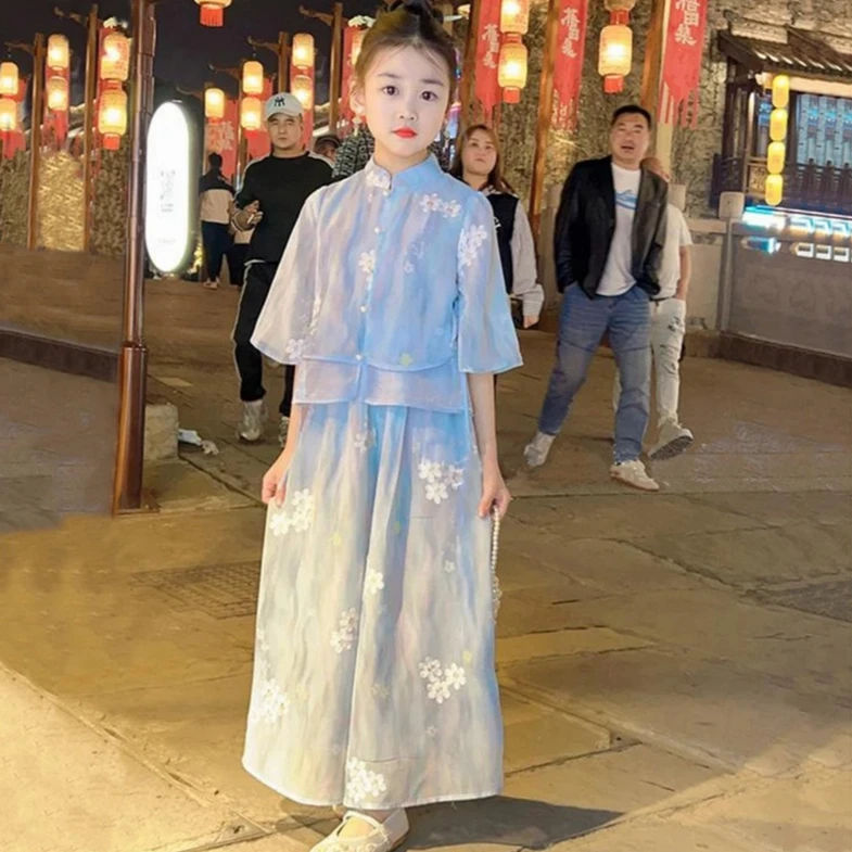 女宝宝中国风洋气时髦阔腿裤上衣两件套女童夏季新中式套装汉服