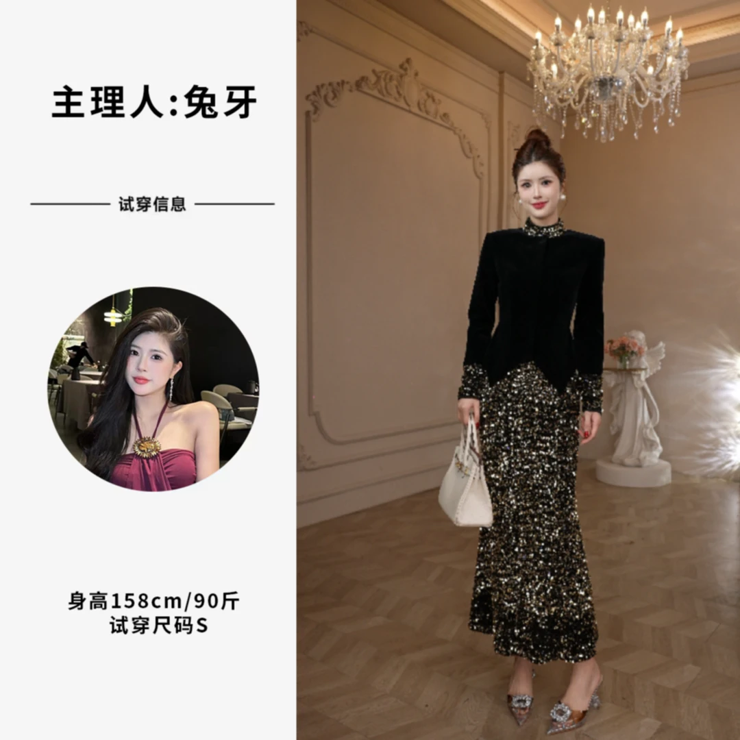 【原创】宴会舞裙·黑色复古优雅长袖长裙修身名媛法式裙子21965