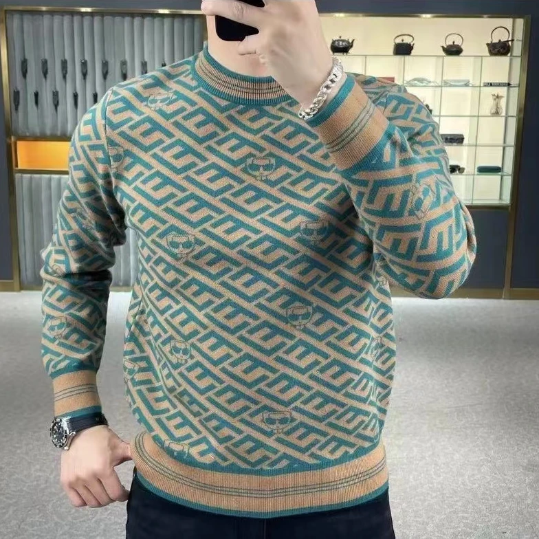 2025冬季新款商务轻奢圆领针织衫毛衣男士休闲修身套头长袖打底衫