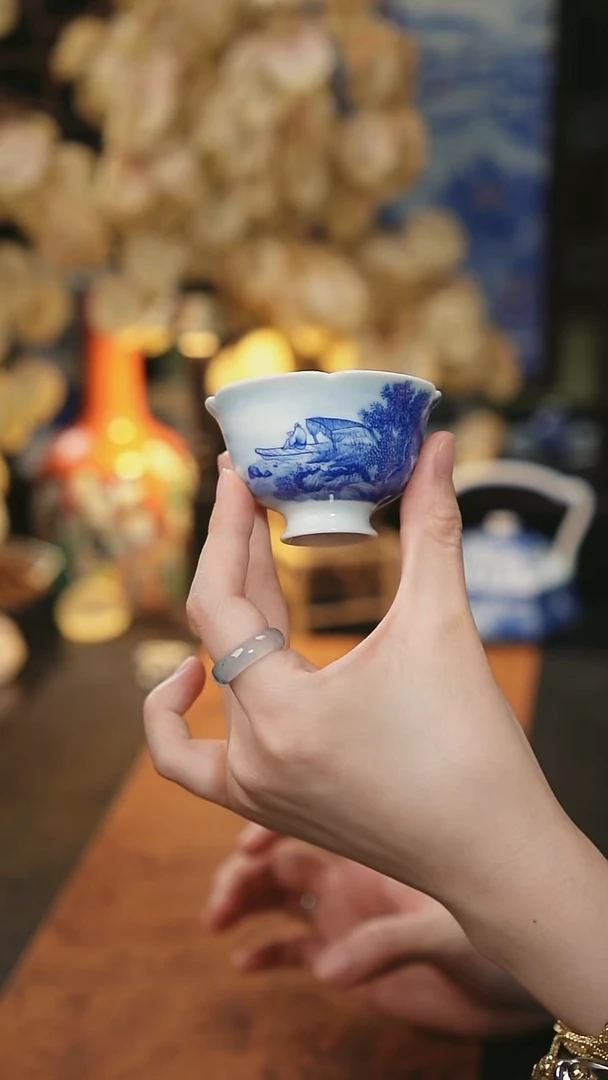 山人写墨 山水小高足花口杯