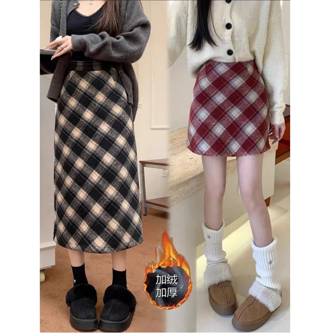 冬季加绒加厚大码微胖女装格子半身裙长短款-6332