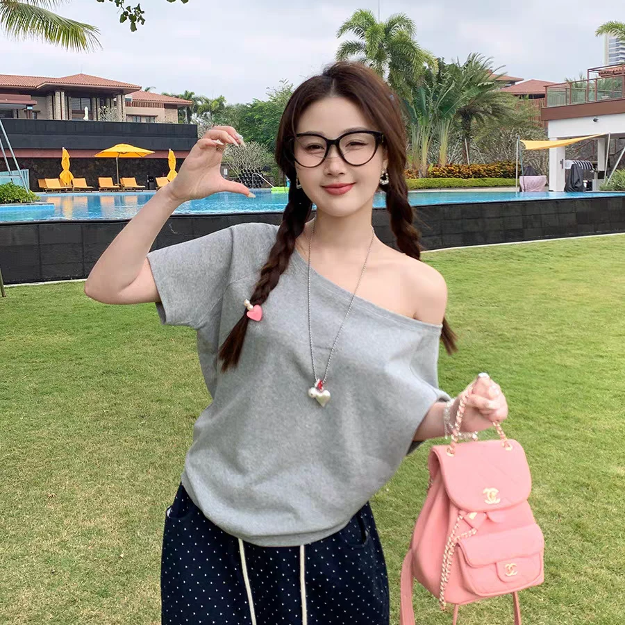一字领斜肩上衣女夏季2025新款灰色短袖恤宽松纯棉设百搭女生休闲
