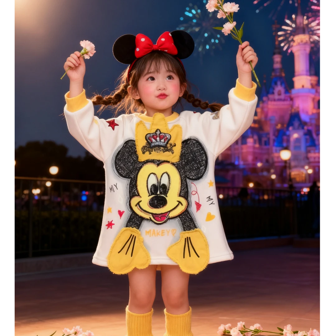 MN潮牌重工米奇卫衣裙2025秋冬新款洋气女童时尚卡通连衣裙可爱宝