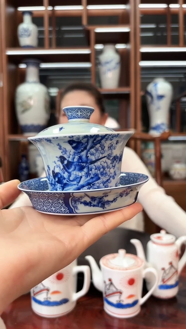 A25景德镇青花喜上眉梢三才盖碗