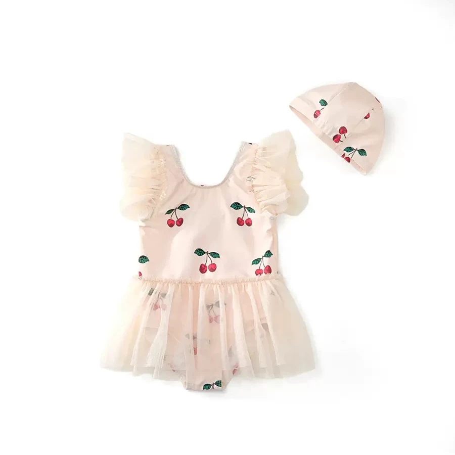女童夏季洋气蕾丝飞袖裙摆樱桃印花泳帽休闲泳衣2126
