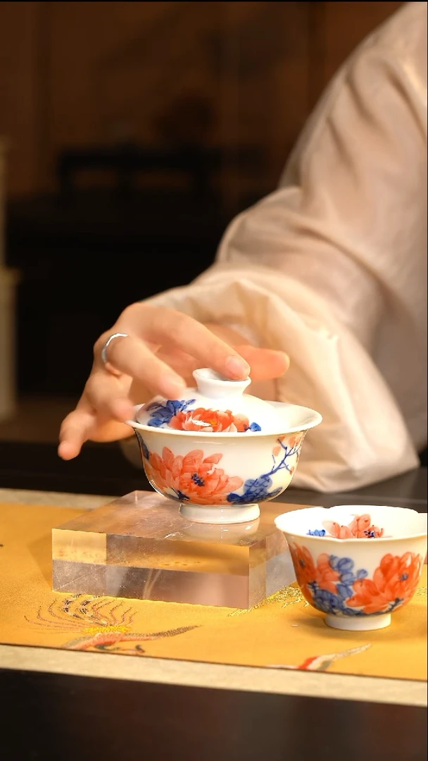 L红丰窑写意牡丹盖碗