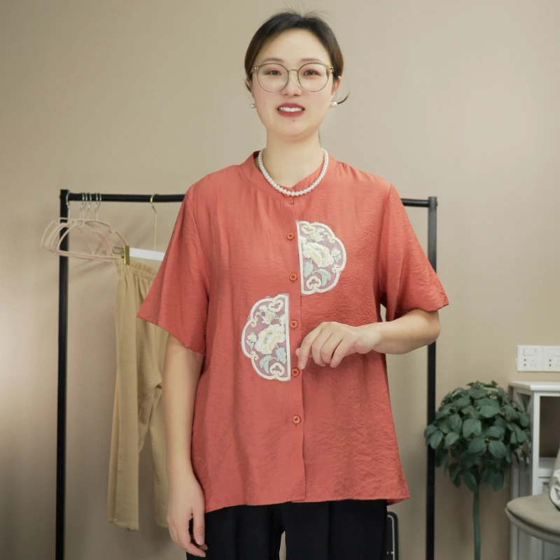 民族风绣花短袖T恤加肥大码中老年妈妈装女夏季宽松遮臀上衣开衫