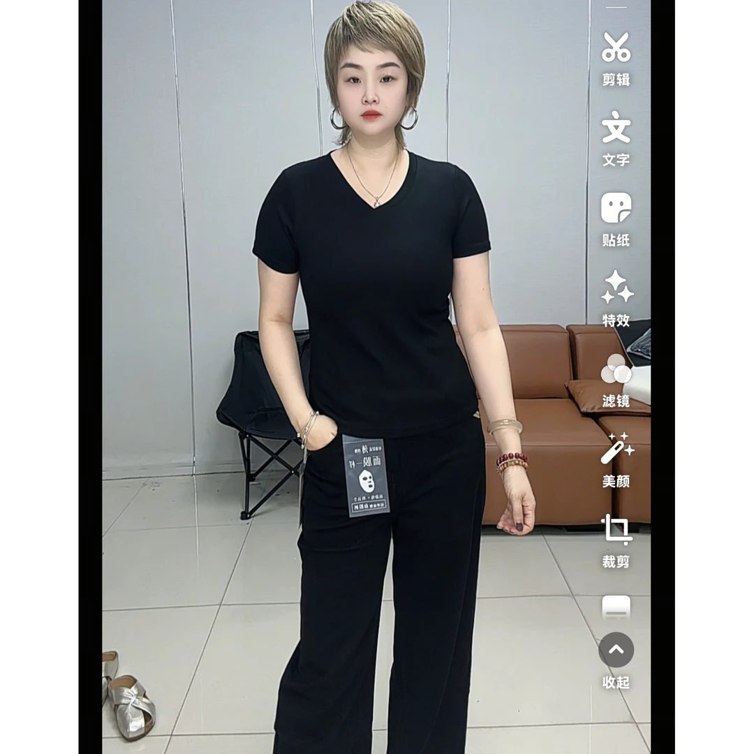 小施家时尚纯色百搭高弹显瘦面膜T恤5007