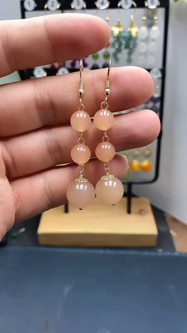 银S925镀金镶嵌和田玉耳饰尺寸12mm藕粉连珠