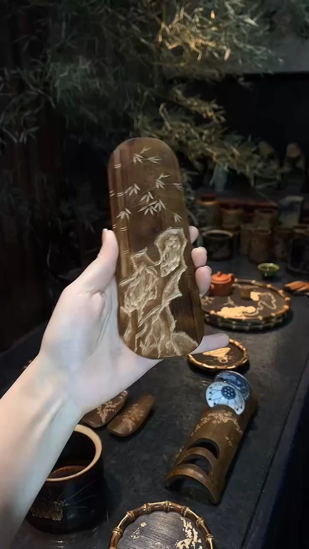 精雕石竹椭圆茶则.......