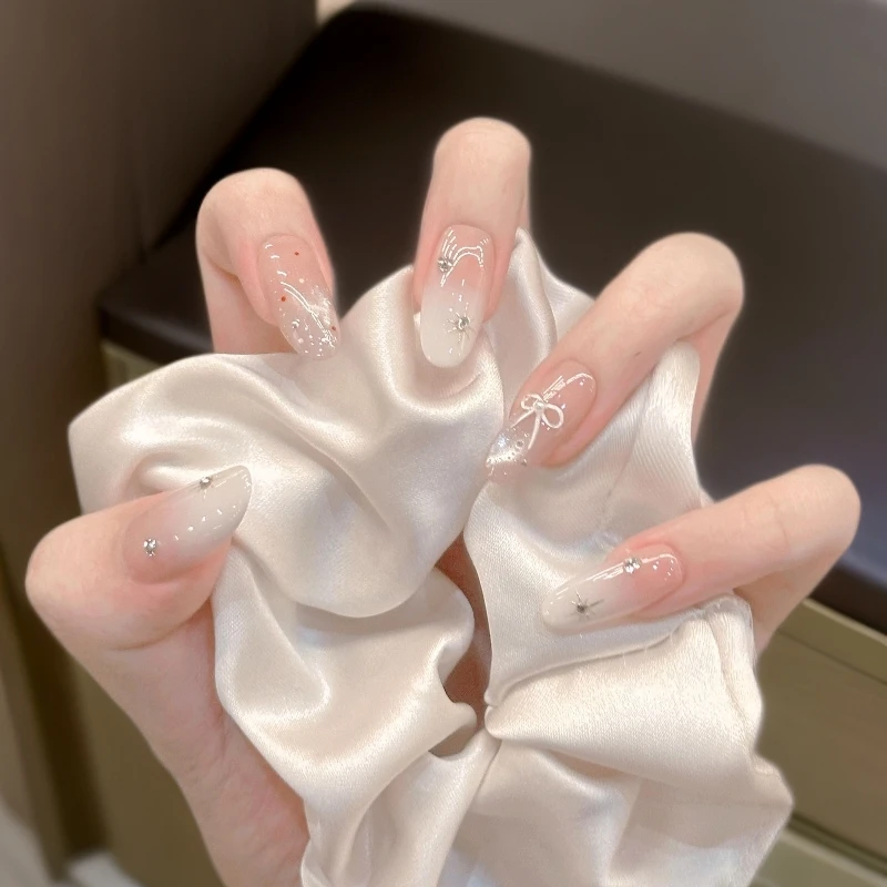 【渐变芒星】裸色渐变纯手工穿戴甲中长款简约爆闪猫眼光疗显白美甲