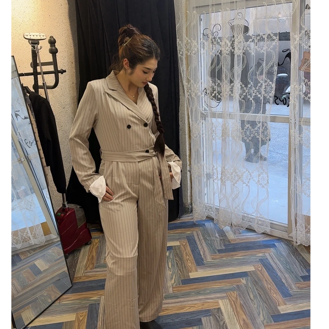 秋季新款时尚显瘦西装V领条纹连体衣阔腿裤