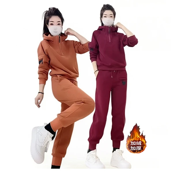 休闲运动套装女士冬季新款加绒J加厚连帽减龄时尚显瘦洋气套装