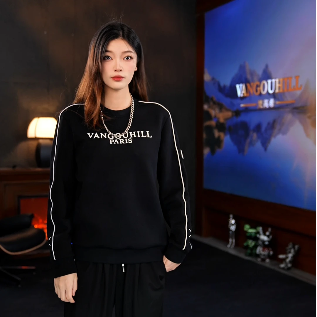 VANGOUHILL/梵高希男士时尚秋季长袖双层螺纹设计圆领潮流卫衣