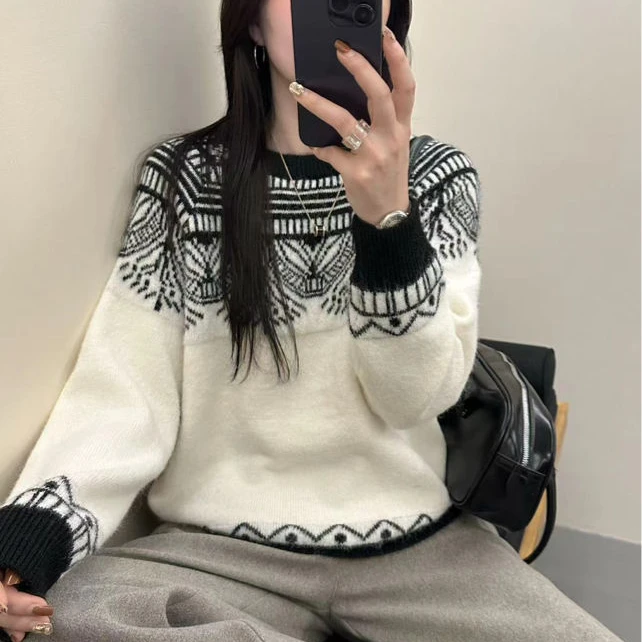 2025年冬套头新款韩系设计感简约时尚慵懒风针织衫宽松2186