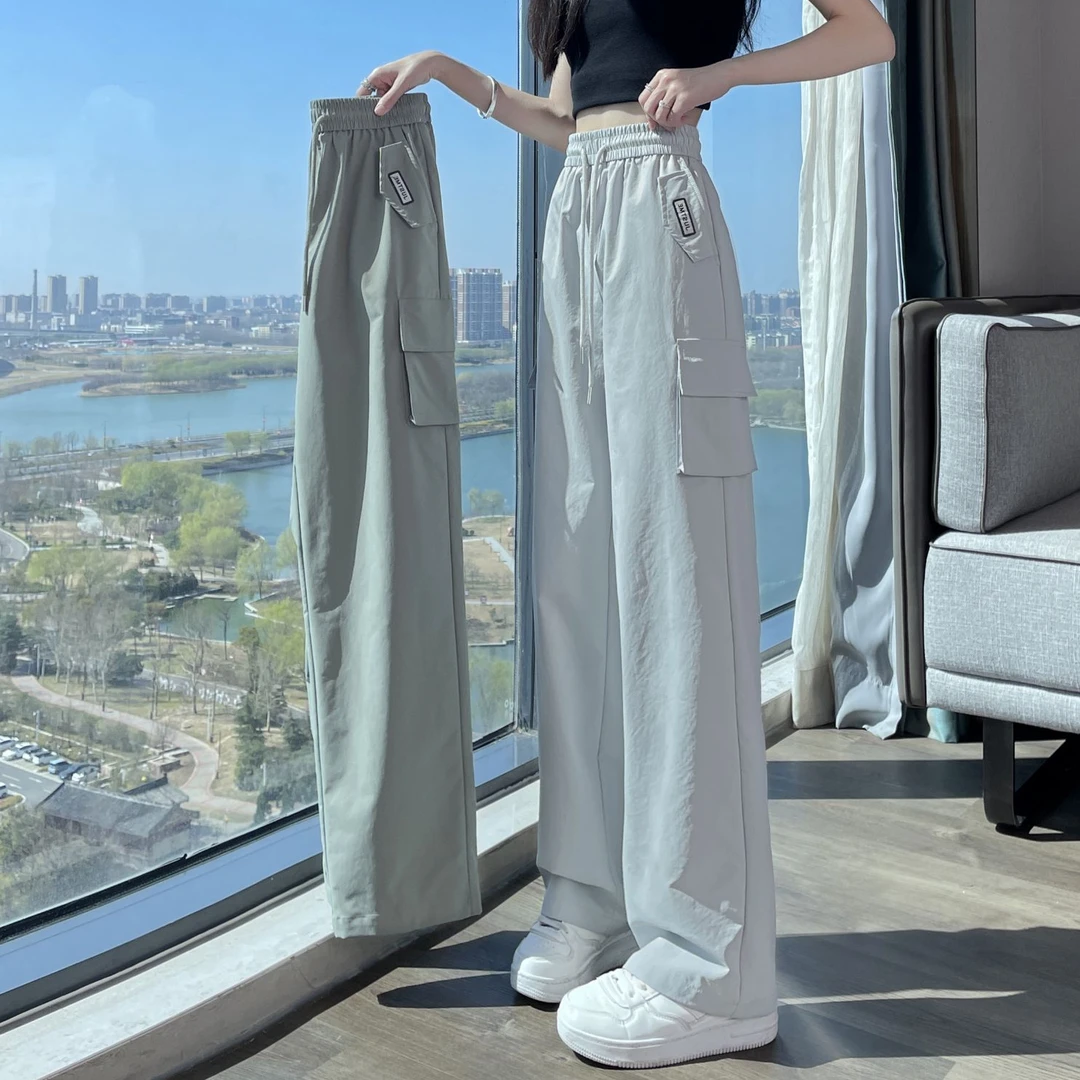 速干冰丝直筒工装裤女2025新款夏季薄款窄版阔腿显瘦高腰运动卫裤