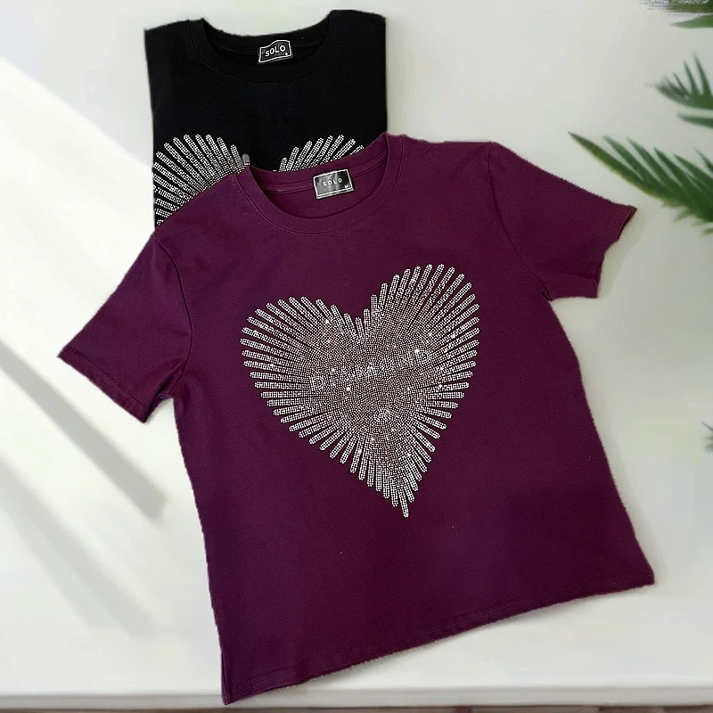 爱心烫钻短袖T恤女修身显瘦时尚百搭正肩上衣3306