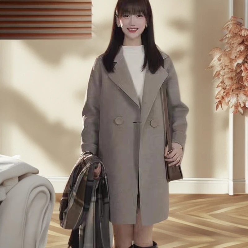 网红爆款秋冬新款秋冬年轻双面绒大衣女小个子版中长款气质大衣呢