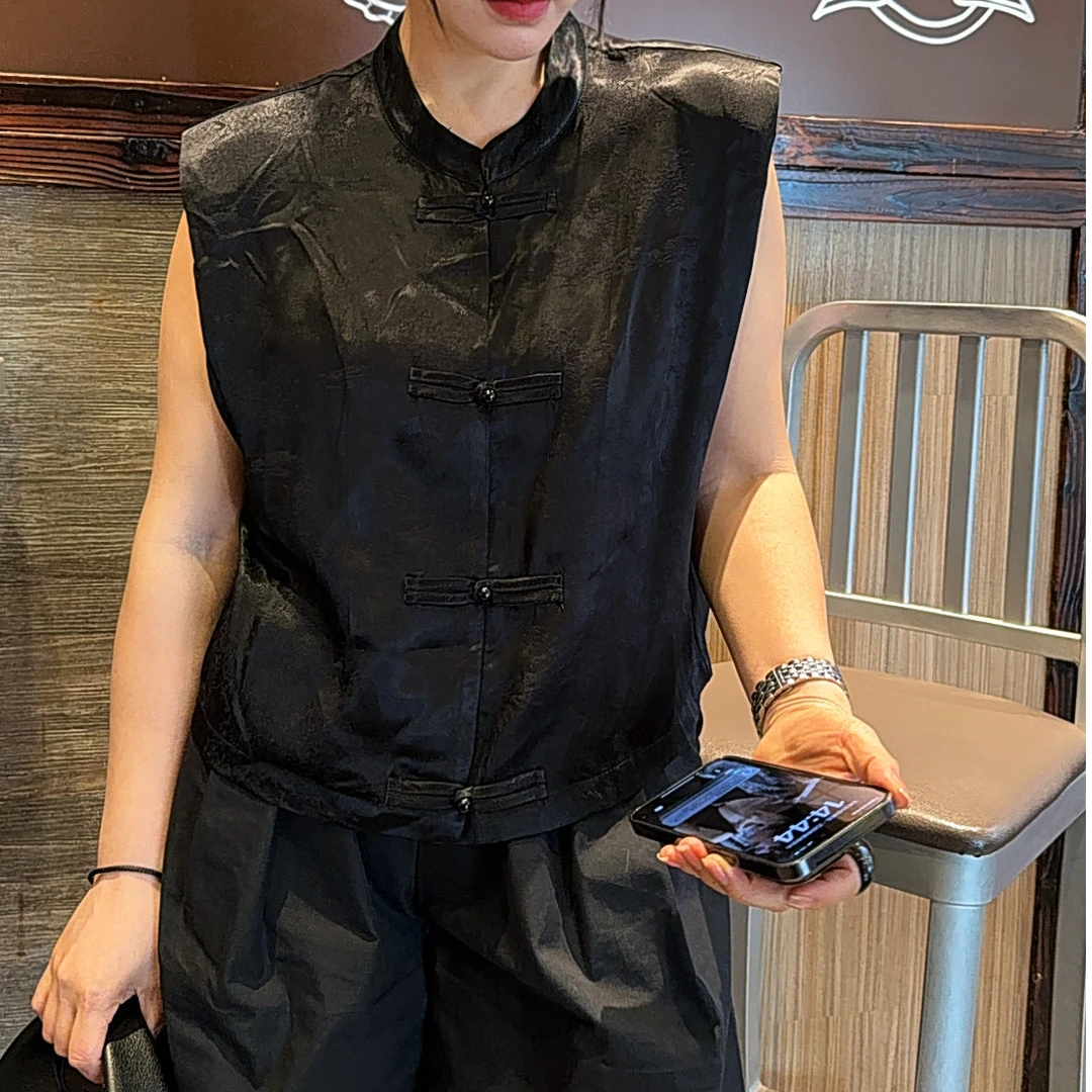 Q后严选.25当季新款潮流国风复古无袖女士T恤上衣